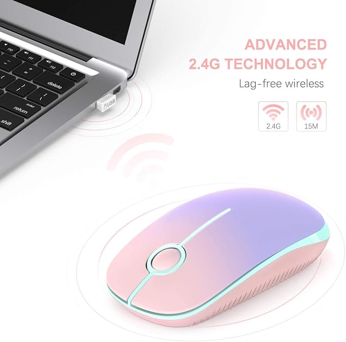 VssoPlor Wireless Mouse, 2.4G Slim Portable Computer Mice with Nano Receiver Quiet Silent Optical Laptop Mouse for Notebook, PC, Laptop, Computer-Pink to Purple