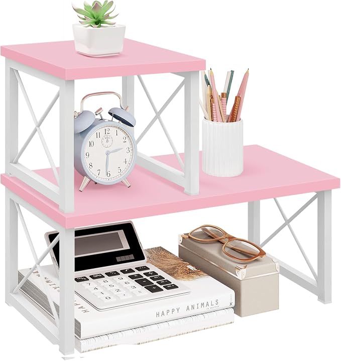 ELITEROO Desktop Shelf, 2 Tier Independent Stackable Desk Stand, Adjustable Freestanding Table Top Mini Bookshelf, Aesthetic Storage Organizers for Women/Girls/Daughter, Pink