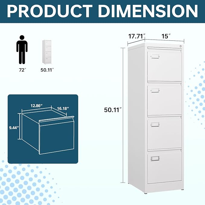 MIIIKO 4 Drawer File Cabinet, White Vertical Filing Cabinets with Lock, Home Office File Folders Storage Cabinet for Letter Legal A4 File Size