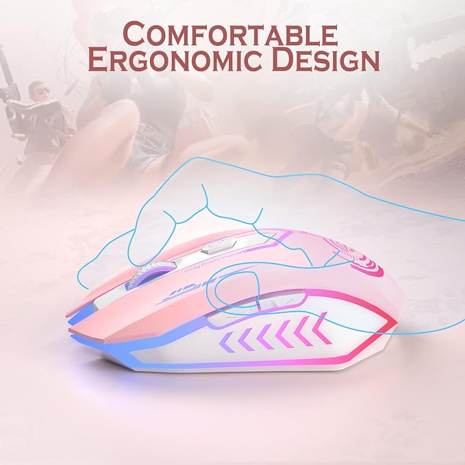 UHURU Gaming Mouse, Wireless Gaming Mouse with 6 Buttons 7 Changeable LED Color up to 10000 DPI, Rechargeable USB Gamer Mouse for PC Laptop (Pink)