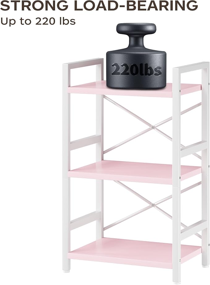 Homeiju Pink Bookshelf, 3 Tier Industrial Bookcase, Metal Small Bookcase, Rustic Etagere Book Shelf Storage Organizer for Living Room, Bedroom, and Home Office(Pink) Patent Pending D29873033