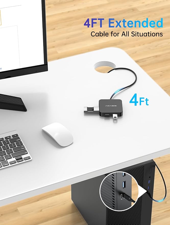 USB C Hub Long Cable 4FT 10Gbps, Multiport Adapter with 4K 60Hz HDMI, 100W Power Delivery, 3 USB A3.1+1 USB-C 3.1 Data Port, USB c to HDMI Adapter for MacBook, Dell, Lenovo, Surface, iPad PRO