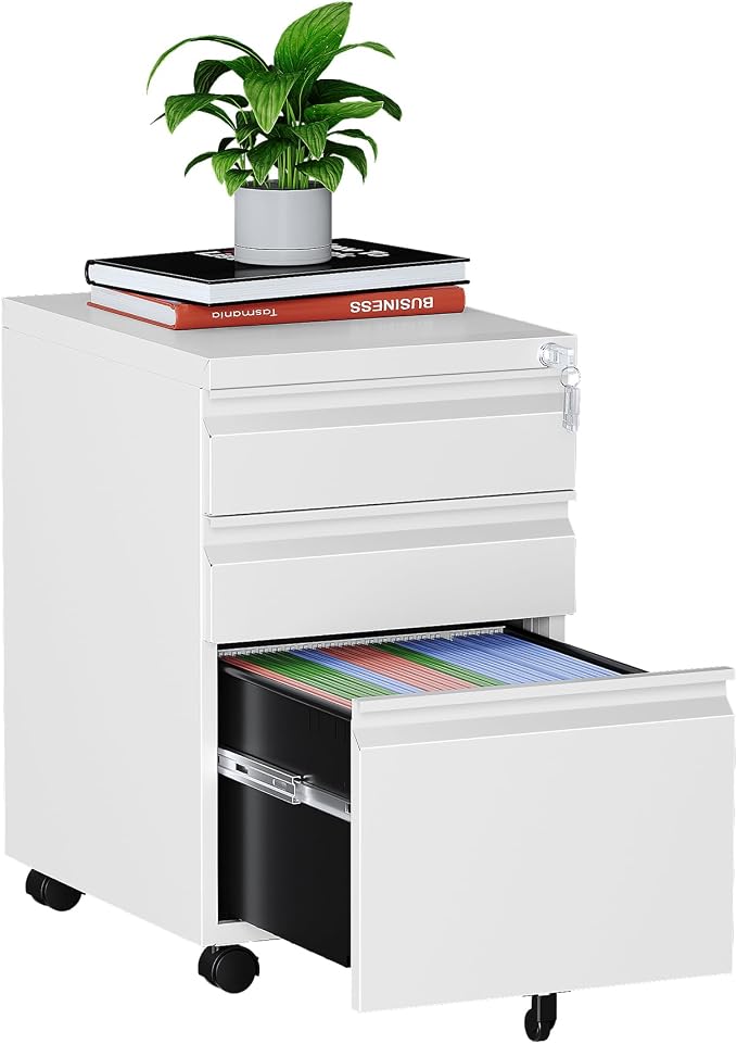 MIIIKO 3 Drawer File Cabinet on Wheels, Home Office Mobile File Drawers Under Desk, Full Assembled White Filing Cabinets with Lock for Legal/Letter/A4 File Folders