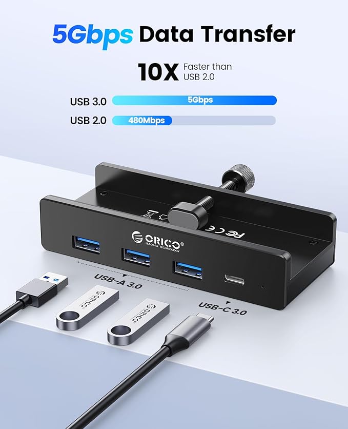 ORICO USB Hub 3.0, Clamp USB Hub with Extra Power Supply Port, Aluminum 4-Port USB Adapter with 3 USB-A Data Ports, USB-C Port for Monitors, Desks (Black)