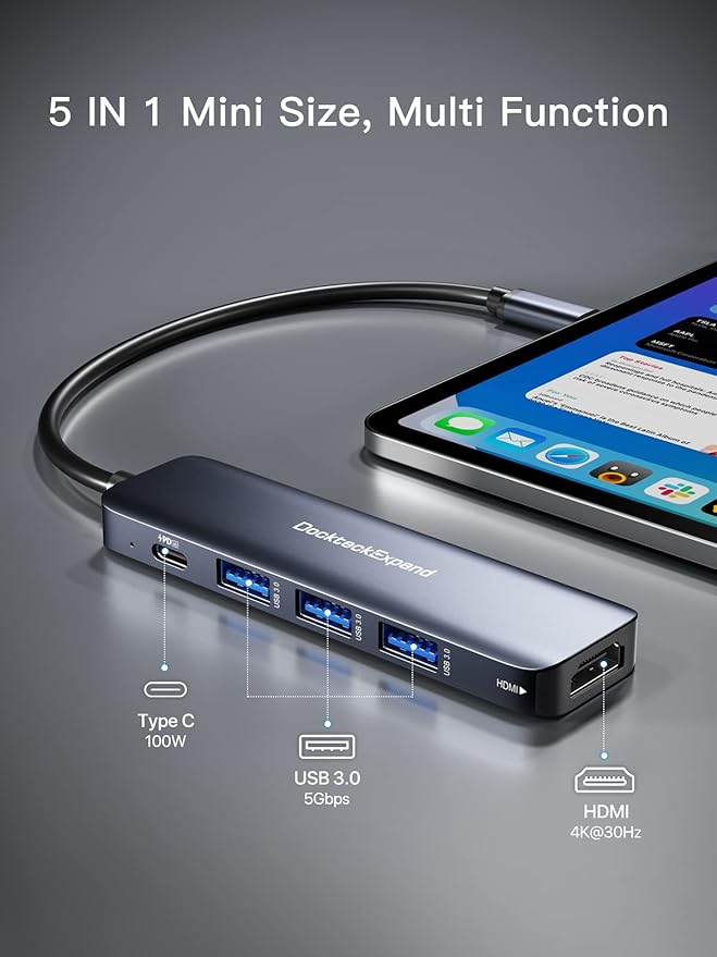 USB C HUB, DockteckExpand USB-C Multiport Adapter 5 in 1 with 4K HDMI, 100W Power Delivery, 3 USB 3.0 Data Ports for MacBook Pro/Air, iPad Pro/Air/Mini 6 and More