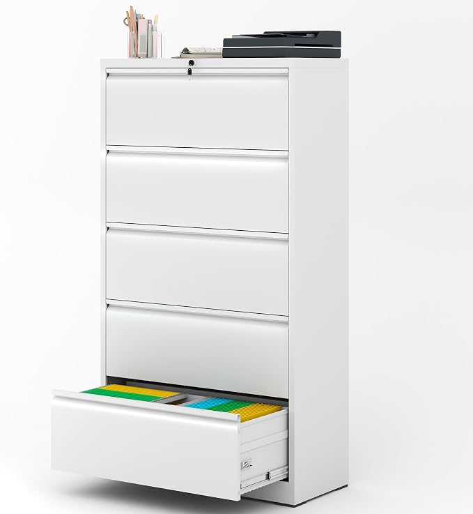 AQY 5 Drawer File Cabinet with Lock,Metal Lateral File Cabinets for Home Office,Steel Wide Filing Organization Storage Cabinets for Hanging Files Letter/Legal/F4/A4 Size,Assembly Required(White)