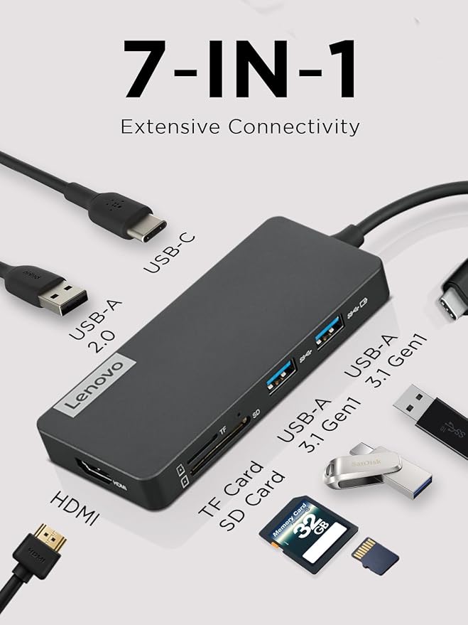 Lenovo – USB-C 7-in-1 Hub – Computer Networking Laptop Accessory – Laptop Docking Station - 4K via HDMI, 3 USB-A devices, 2 SD/TF Card Readers USB-C Power Pass Through