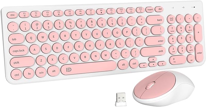 FD iK6630 Wireless Keyboard and Mouse Combo - 2.4GHz USB Cordless, Cute Round Keys, Quiet and Slim Set for Laptop, Computer, TV, and Mac - Salmon Pink & White