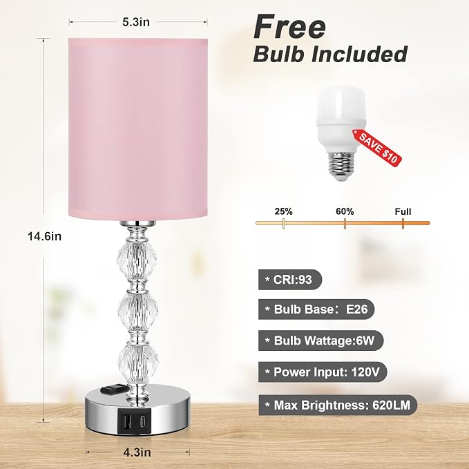 Pink Touch Bedside Lamps for Bedrooms - Crystal Table Lamp with USB C+A Charging Port and AC Outlet Nightstand, 3 Way Dimmable Silver Small End Side Table Lamp for Living/Guest/Dinning Room/Kitchen