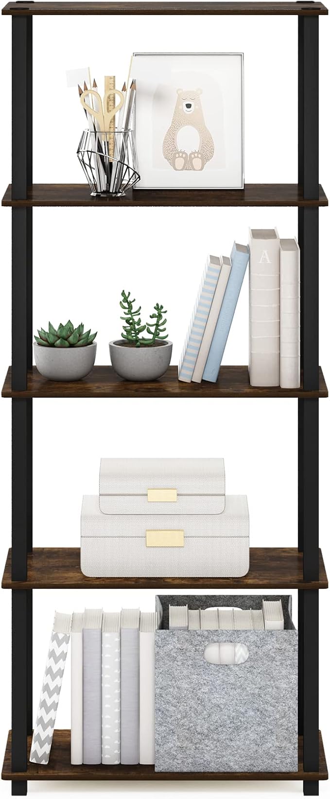 Furinno Turn-S-Tube 5-Tier Multipurpose Shelf Display Rack with Square Tubes, Amber Pine/Black