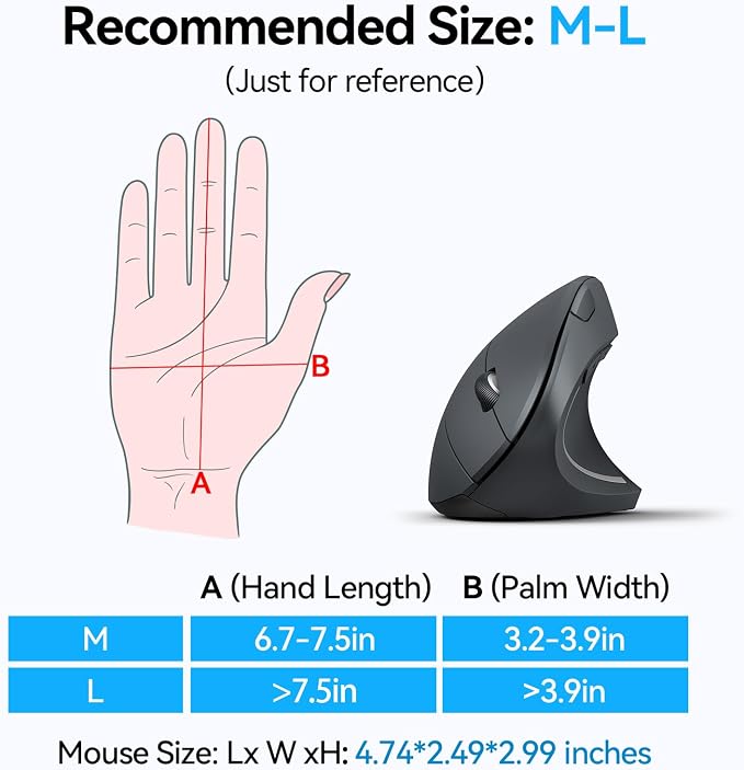 TECKNET Ergonomic Mouse, Wireless Bluetooth Vertical Mouse, 4800 DPI Optical Tracking, 6 Adjustable DPI, Quiet Clicks, 2.4GHz with USB A Receiver, 12 Months Battery, 6 Buttons, Wide Compatibility