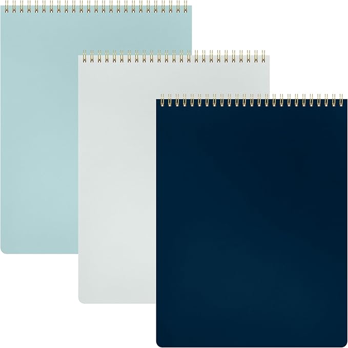 PAPERAGE Top Bound Spiral Notebook, 3 Pack, Lined Notepad, (Light Grey/Navy/Sage Green), 70 Sheets (140 Pages) Per Notebook, Wide/Legal Ruled, 8.5 inches x 11 inches
