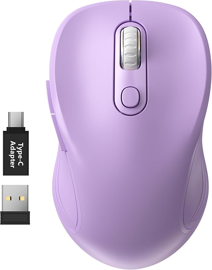 WisFox 2.4G Wireless Mouse for Laptop, Ergonomic Computer Mouse with USB Receiver and Type-C Adapter, 3 Adjustable Levels DPI, 6 Button Cordless Wireless Mice (Violate)