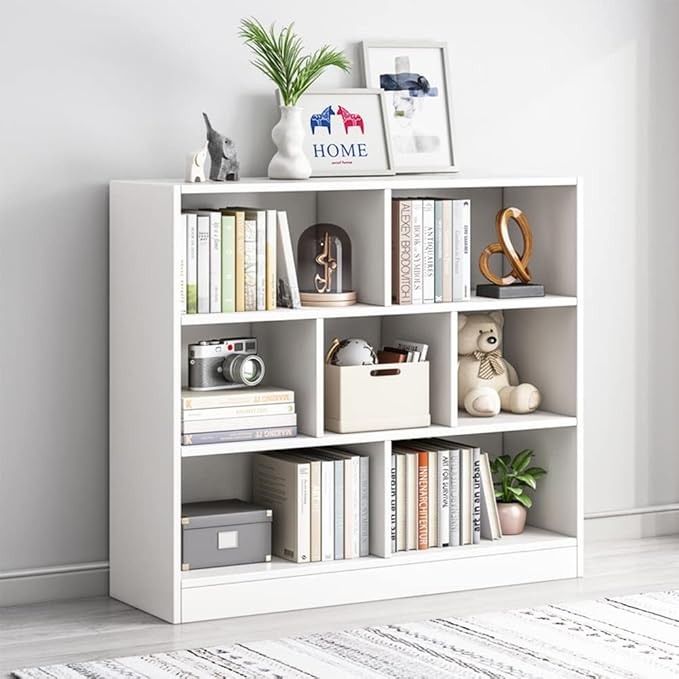 IOTXY Open Shelf Low Bookcase - Wooden 3-Tier Floor Standing Display Cabinet Organizer with Base, 7 Cubes Short Horizontal Bookshelf in Warm White