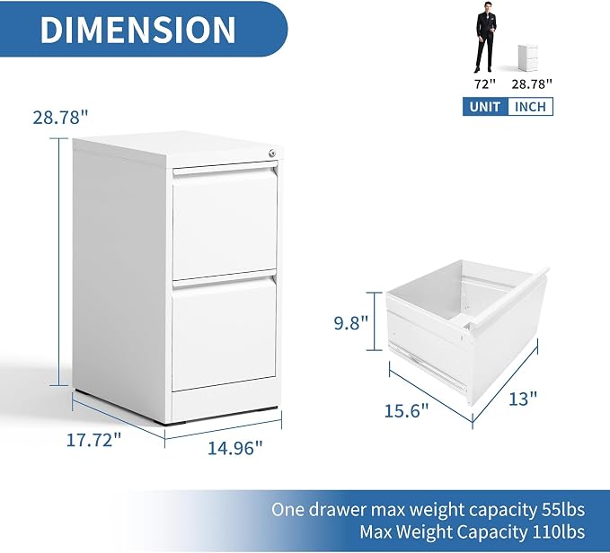 2 Drawer File Cabinet with Lock,Metal Vertical Filing Cabinets for Home Office,Heavy Duty File Storage Cabinet for Letter/Legal/A4/F4 Size File,Assembly Require (White, Vertical 2 Drawer)