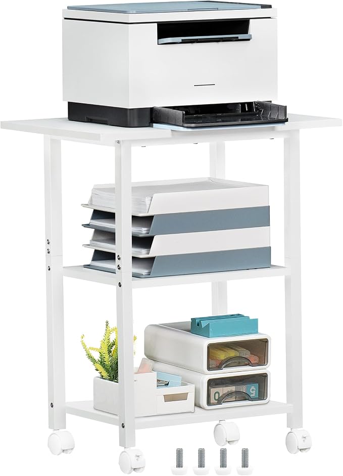 Lerliuo 3-Tier Printer Stand, Industrial Mobile Printer Table with Storage Shelf and Steel Frame, Rolling Printer Cart Holder with Lockable Wheels for Home, Office (White)