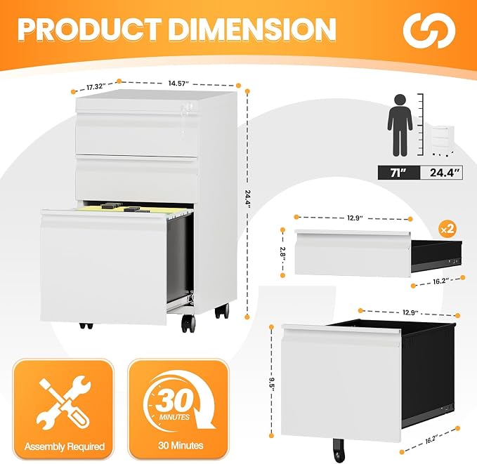 3 Drawer Mobile File Cabinet with Lock, Rolling File Cabinets for Home Office, Under Desk Small File Caninet on wheels, Metal Vertical White Filing Cabnet for Legal/Letter/A4 - Assembly Required