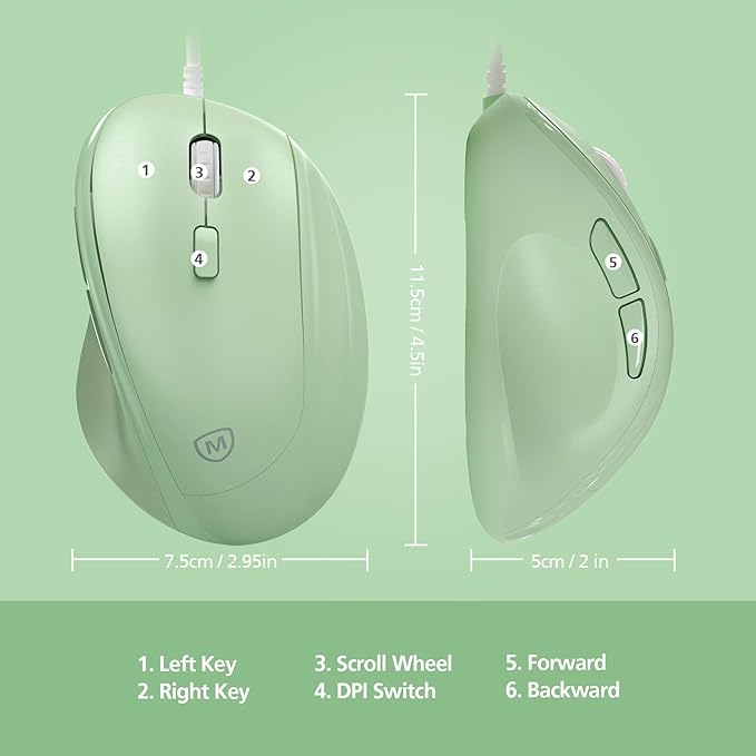 Micropack Ergonomic Mouse Wired for Laptop, PC Computer and Desktop, Ergo Mouse Vertical with Silent Clicks, Up to 3200 DPI Adjustable Mouse Sensitivity, Green
