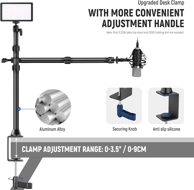 NEEWER TL253A+DS001 Table Camera Tripod with 2 Telescopic Arms, Phone Holder, Ball Heads, Screw Adapter, Table Light Stand for Camera, Mobile Phone, Webcam, Ring Light