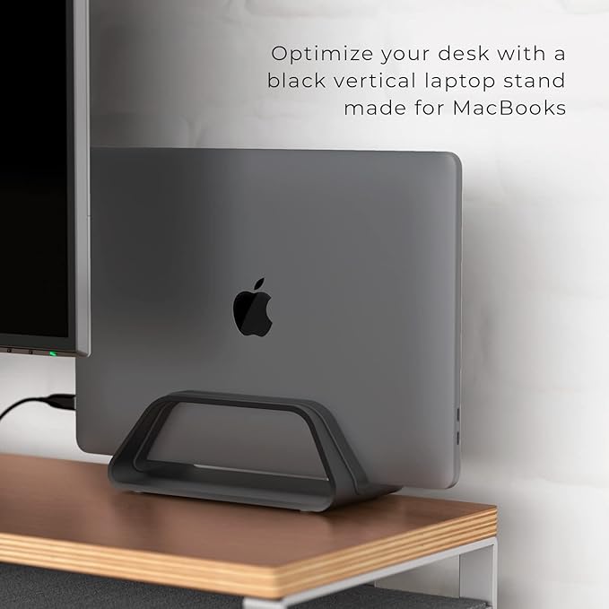 HumanCentric Vertical Laptop Stand Compatible with MacBook Pro and MacBook Air, Holder for Personal Computer Desk Stand, Aluminium, Exchangeable Inserts to Fit Different Device Models, Black