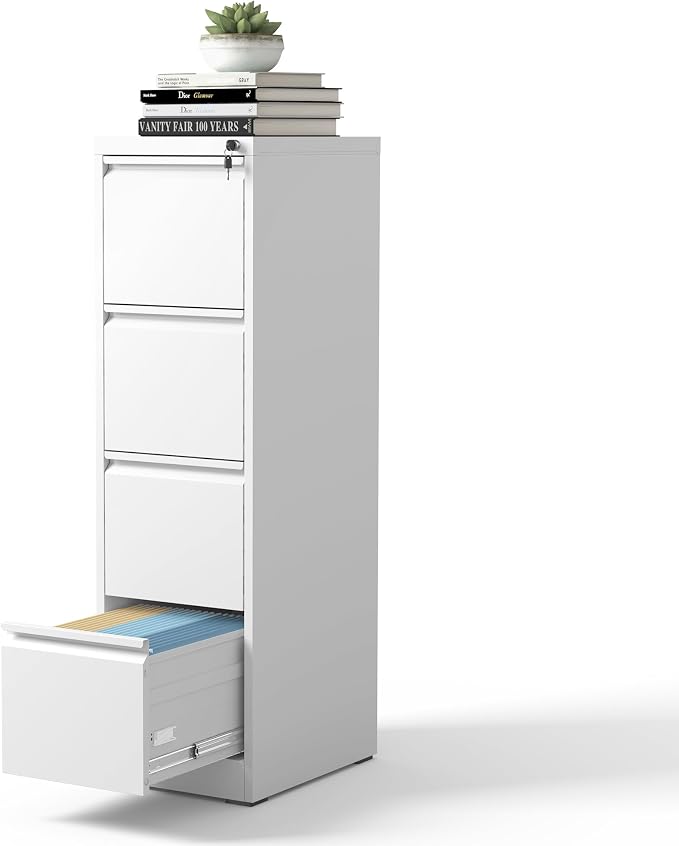 4 Drawer File Cabinet, Metal Vertical Filing Cabinets for Home Office, Steel Storage Cabinet for Hanging Legal/Letter Size Files, Assembly Required (White)