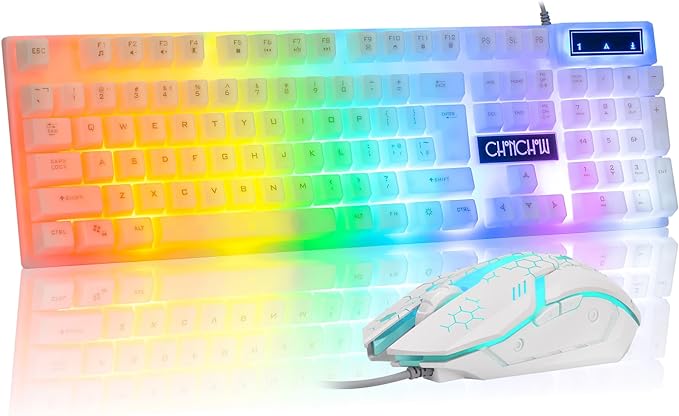 CHONCHOW LED Keyboard and Mouse, 104 Keys Rainbow Backlit Keyboard and 7 Color RGB Mouse, White Gaming Keyboard and Mouse Combo for PC Laptop Xbox PS4 Gamers and Work