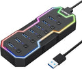 USB Hub 7 Port, RGB LED Strip USB Splitter for Laptop Gaming | USB 3.0 Hub with Individual LED On/Off Switches for Mac, PC, Desktop, Flash Drive, Mobile HDD