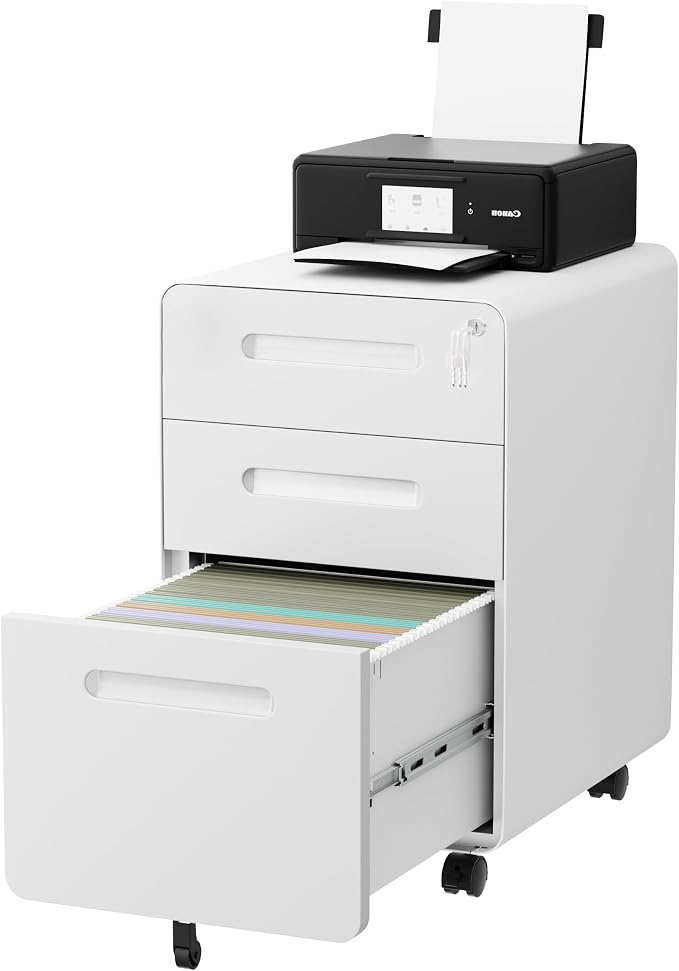 3 Drawer File Cabinet with Lock and 4 Keys, Mobile Metal Filing Cabinet, File Cabinets for Home Office, Under Desk, Pre-Assembly, File Drawer, Letter/Legal/A4 Hanging File Folders