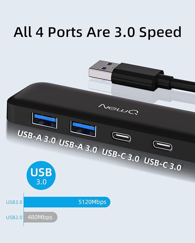 Dual USB C USB A 3.0 Hub: USB Hub 4 Ports with 2* USB-C 3.0 and 2* USB-A 3.0, Ultra Slim Portable USB Splitter Adapter for Laptop, PS4, Flash Drive, HDD, Xbox, Printer, Mouse, Keyboard, Computer
