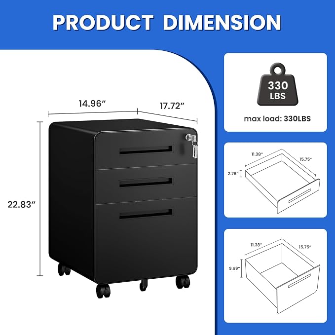 MIIIKO Mobile Filing Cabinet 3 Drawer, Rolling Small File Cabinet with Keys Under Desk, Modern Black Filing Cabinets for Home Office with Anti-tilt Wheels, A4/Letter/Legal Hanging File Drawers