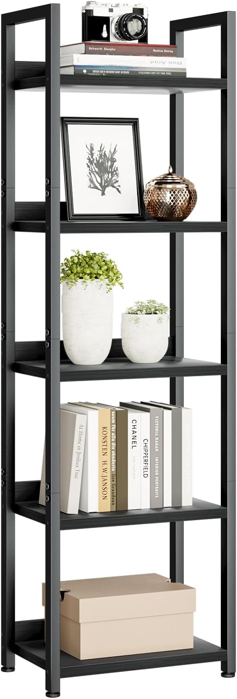 NUMENN Narrow Bookshelf, 5 Tier Bookshelves, Home Office Bookcase Shelf Storage Organizer, Free Standing Storage Shelving Unit for Bedroom, Living Room and Home Office, Black