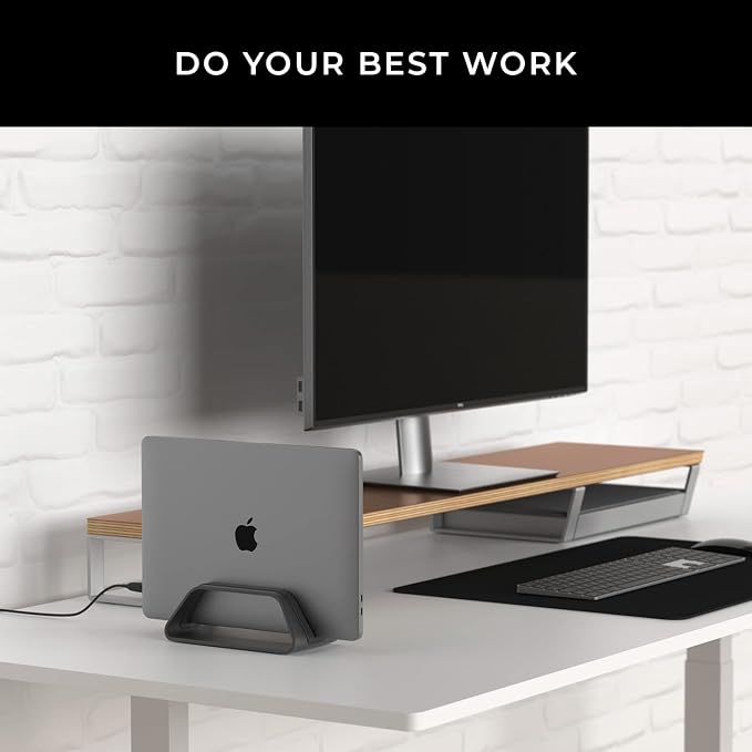 HumanCentric Vertical Laptop Stand Compatible with MacBook Pro and MacBook Air, Holder for Personal Computer Desk Stand, Aluminium, Exchangeable Inserts to Fit Different Device Models, Black