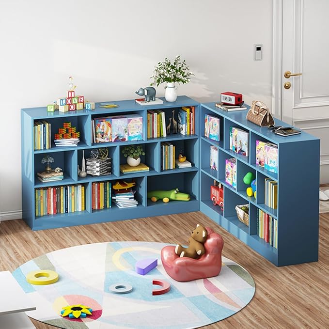 IOTXY Open Shelf Low Bookcase - Wooden 3-Tier Floor Standing Display Cabinet Organizer with Base, 7 Cubes Short Horizontal Bookshelf in Bright Blue