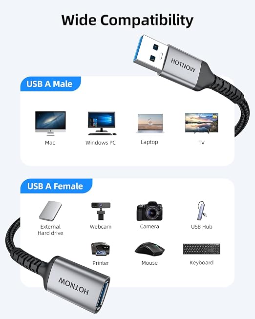 USB 3.0 Extension Cable [5FT 2Pack] Nylon Braided USB A-Male to A-Female Extender Compatible with Webcam, Camera, Hub, Mouse, Keyboard, Hard Drive, Headset,Gamepad, Printer, Memory Disk.