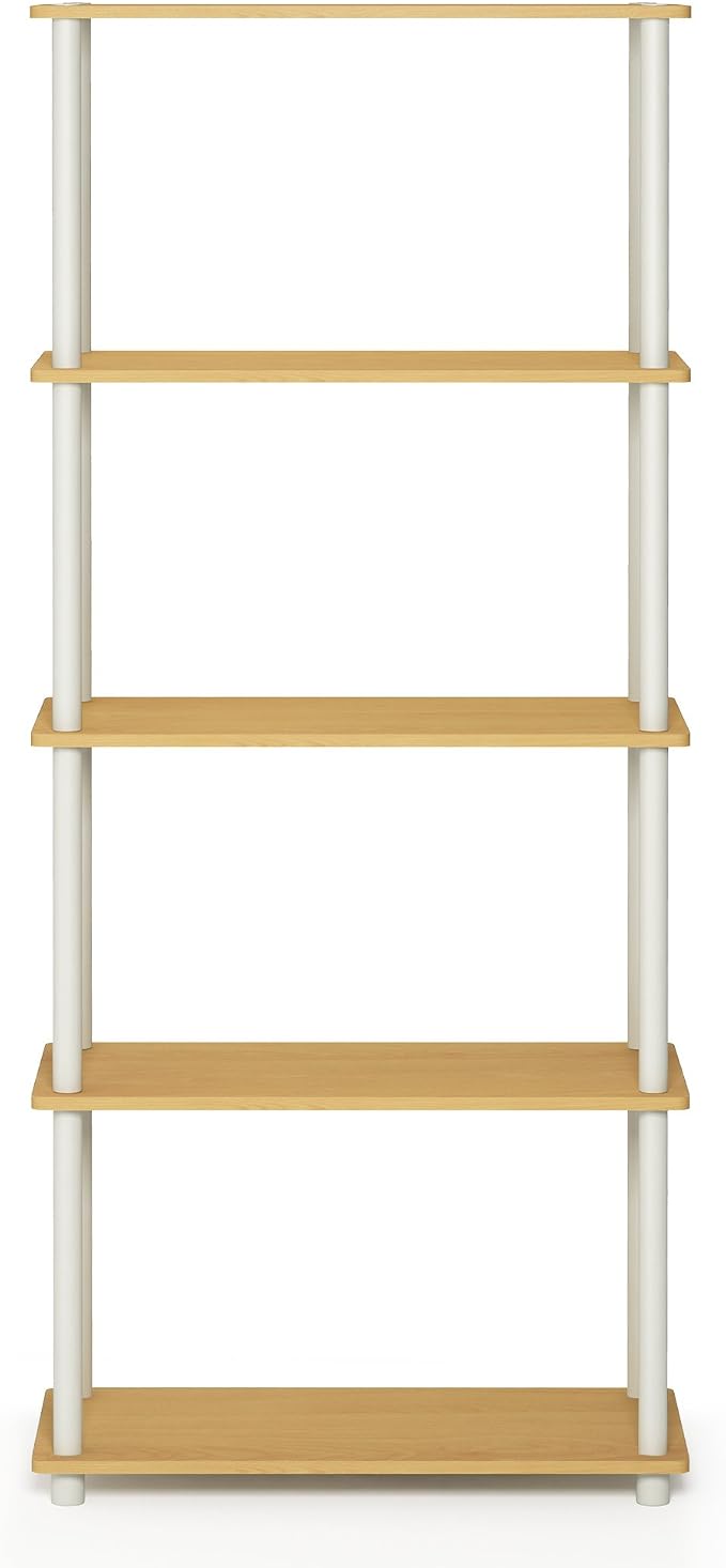 Furinno TURN-N-TUBE Storage Shelves, 5-Tier Book Shelf, Corner Shelf, Toolless Open Shelves, for Organization and Storage, Living Room, Garage, Home Office, Beech