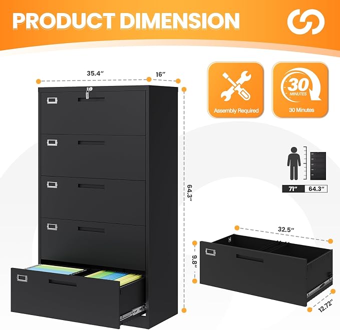 5 Drawer File Cabinets for Home Office, Metal Filing Cabinet with Lock, Black Locking File Caninet Five Drawer, Office Storage Caninets Steel Cabnet for Letter/Legal/A4/F4-Assembly Required