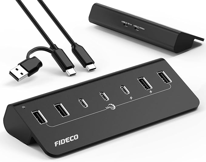 FIDECO Powered USB Hub, 7 Port 10Gbps Fast Data Hub for iPhone 16/15 and Laptop, Full Aluminum USB Splitter with 5V 3A Power Adapter, 4 USB A and 3 USB C Ports, Support BC1.2 Charging