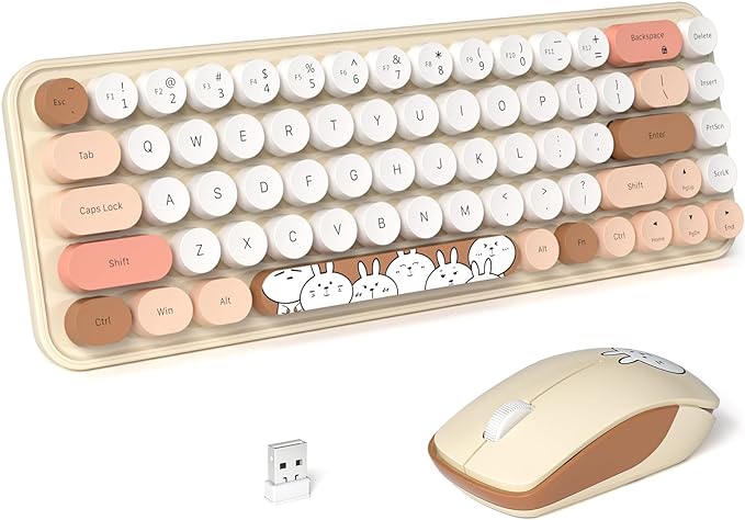 FOPETT Wireless Keyboard and Mouse Cute Mouse and Keyboard 2.4G Wireless Keyboards with Colorful 68 Keys Typewriter Retro Round Keycap for PC, Laptop,Tablet,Computer Windows - Milk Tea Colorful