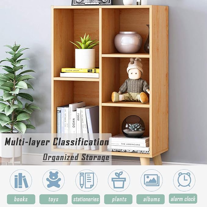 IOTXY Wooden Open Shelf Bookcase - 3-Tier Floor Standing Display Cabinet Rack with Legs, 5 Cubes Bookshelf, Pear Yellow
