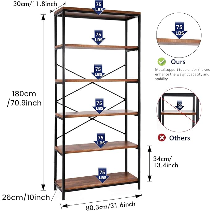 Himimi 6-Tier Bookshelf Set of 2,Tall Bookcase Industrial Wood Storage Rack with Open Book Shelves,Modern Metal Standing Organizer,Vintage Display Rack for Living Room, Office, Bedroom, Rustic Brown
