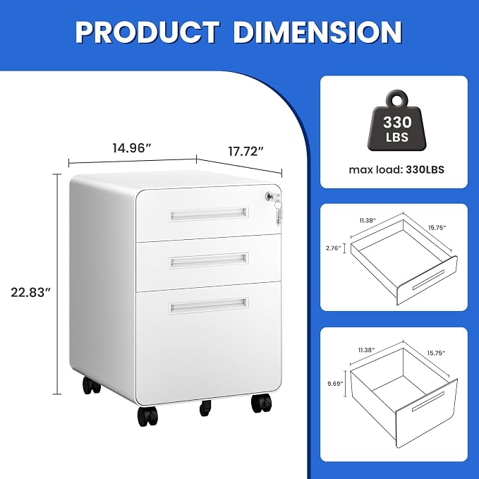 MIIIKO Mobile Filing Cabinet 3 Drawer, White Small File Cabinet with Lock Under Desk, Filing Cabinets for Home Office with Wheels, A4/Letter/Legal Hanging File Folders