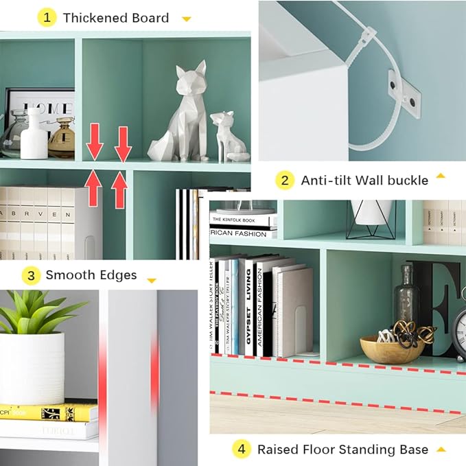 IOTXY Open Shelf Low Bookcase - Wooden 3-Tier Floor Standing Display Cabinet Organizer with Base, 8 Cubes Short Horizontal Bookshelf in Pear Yellow
