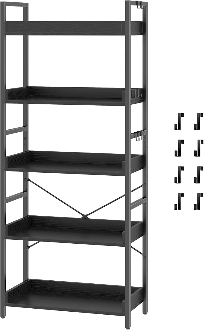 HCHQHS 5 Tier Bookshelf, Adjustable Industrial Bookcase, Vertical Tall Book Shelf, Wood and Black Metal Open Bookshelves for Home Office, Living Room, Bedroom
