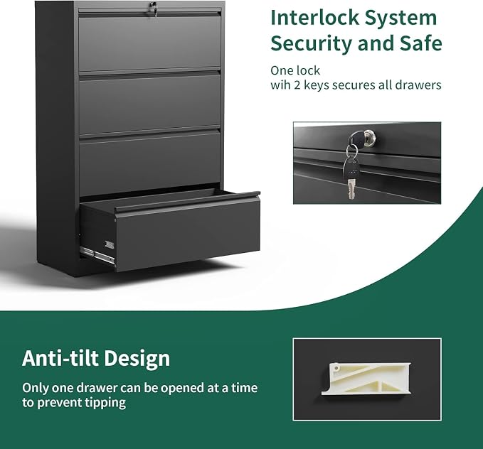 4 Drawer Lateral File Cabinet, Metal File Cabinets for Home Office with Lock, Large Filing Storage Cabinet Printer Stand, Steel Wide File Cabinet for Legal/A4/F4/Letter,Require Assembly, Black