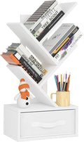 SHEEPAM Small Bookshelf with Drawer,4 Tier Tree Book Shelf,Wood Desk Bookshelves,Modern Free Standing Desktop Display Shelves,White Floor Standing Organizer Bookcase for Living Room,Bedroom,Office