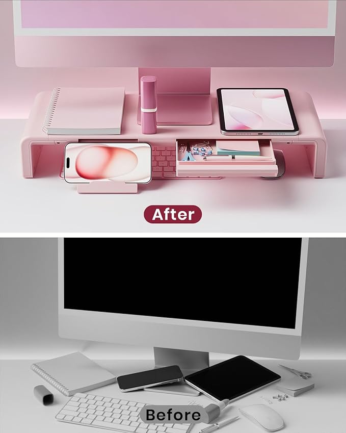 Pink Monitor Stand Riser, Klearlook Foldable, Height Adjustable Computer Stand, Desk Shelf Riser with Storage Drawer &Tablet Phone Stand for Desktop, Laptop