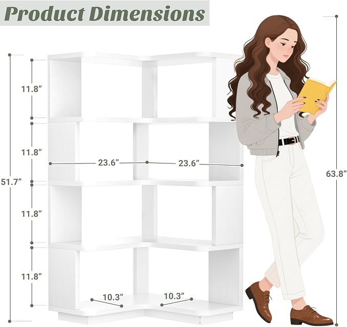 Armocity Corner Book Shelf - 5 Tier Corner Bookshelf Etagere Bookcase with Baffle, Freestanding L Shaped Display Shelf Stand for Home Office, Living Room, Bedroom, Kitchen, White
