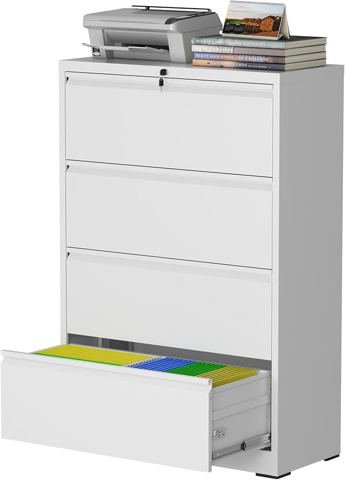 4 Drawer Lateral File Cabinet with Lock, Metal File Cabinets for Home Office, Steel Heavy-Duty Filing Storage Cabinet for Letters/Legal/A4 (Require Assembly, White)