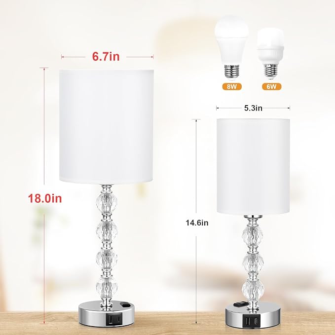 Touch Bedside Crystal Lamps for Bedrooms Nightstand with USB C+A Charging Port and AC Outlet White, 3 Way Dimmable Silver Large End Side Table Lamp for Living/Guest/Dinning Room/Kitchen