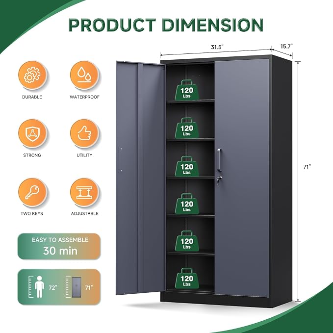 Letaya Metal Storage Cabinets with Lock Door and 5 Adjustable Shelves, Steel Garage Tool Organization Cabinets for Home,Utility Room, Warehouse,Lockers(71"-Black Gray)